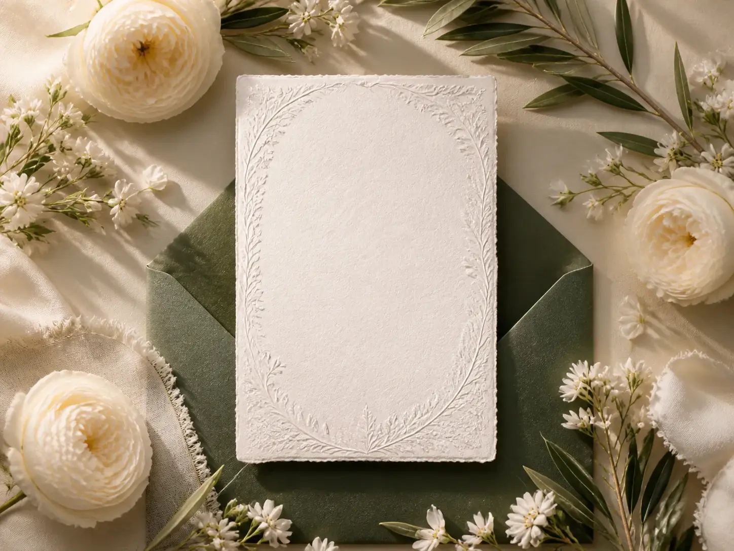 Invitación de boda sobre un sobre verde, rodeada de flores blancas